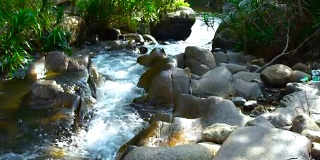 快速流动透明的水在岩石河在热带森林近距离。山河水流湍急