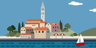 地中海风景，小镇，度假村，海滩，海浪，奔跑的云和帆船。平面卡通循环动画背景。夏季旅行。