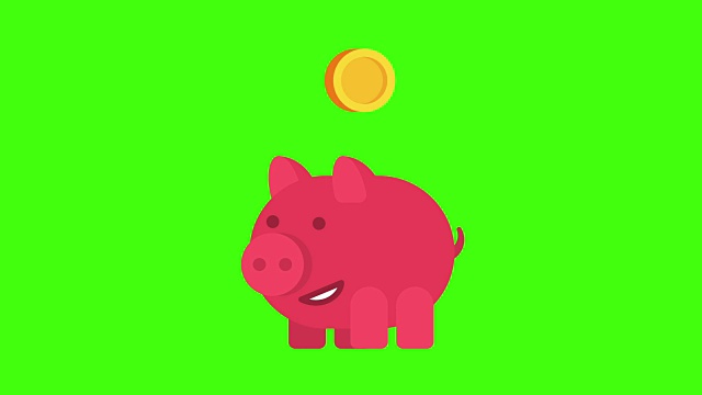 小猪储蓄罐微笑着，硬币掉进了里面。绿色背景。