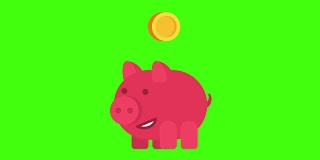 小猪储蓄罐微笑着，硬币掉进了里面。绿色背景。