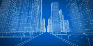 飞越未来数字城市。在3d蓝图中提升加速。施工与技术概念。蓝色3d动画。4k超高清3840x2160。