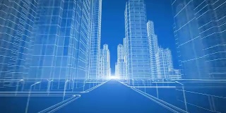 极端快速移动通过现代城市数字3d蓝图。奔向光明。施工与技术概念。蓝色3d动画。4k超高清3840x2160。