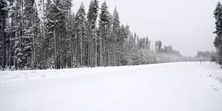 大雪期间，一辆汽车在森林路上经过