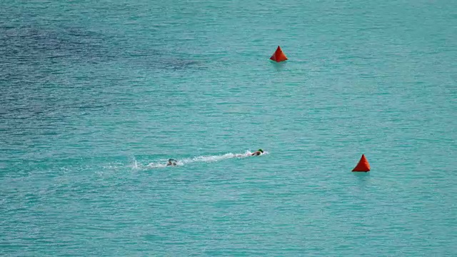 在热带，圣约翰，维尔京群岛，游泳者们向岸边游去