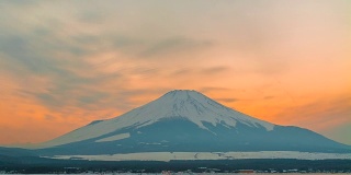 4k时间推移日落富士山与川口湖冰封，冬季，日本