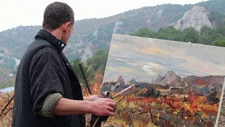 职业艺术家用油画颜料在画布上作画视频素材模板下载