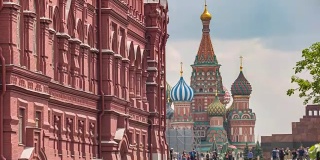 莫斯科城市天际线时间流逝在红场和圣巴西尔大教堂，莫斯科俄罗斯4K时间流逝