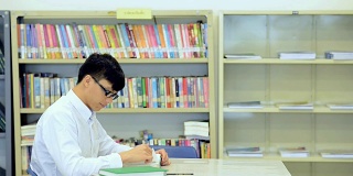让我们一起来完成我们的小组工作。年轻的学生们一起在图书馆做研究。中国男孩和女孩。