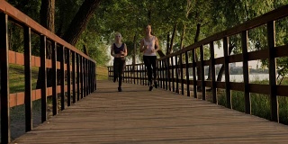 两个年轻漂亮的女跑步者马尾辫在公园大桥上慢跑，减肥，健身模特跑步