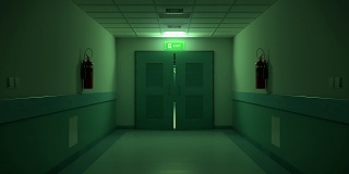黑暗的医院走廊，打开的门，循环动画