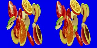 水平变形立体对，水果旋转在蓝色，无缝循环，3D