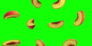 一片片的桃子落在绿色的屏幕上，无缝循环，CG