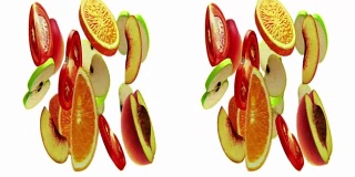水平变形立体对，水果旋转在白色，无缝循环，3D