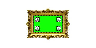 镜头放大到白色背景上的金色画框，运动跟踪标记，绿色屏幕