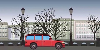 动感的红色SUV带着自行车在车顶的后备箱上骑行穿越秋天的城市景观。移动的小型货车在城市公园的背景。平面动画。