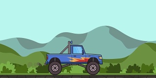 动画大轮怪物卡车通过绿色山谷。移动大脚卡车的乡村景观背景。平面动画。