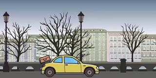 动画双门轿车与行李后引擎盖骑通过秋天城市。移动的掀背式城市公园背景。平面动画。