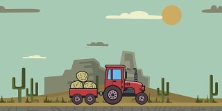 动画拖拉机满载干草通过峡谷沙漠。在山区沙漠背景移动农用车辆。平面动画。