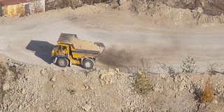 采矿卡车在巨大的露天矿山，重型采矿卡车装载着铁矿石在露天采石场上，俯视