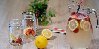 准备自制薄荷草莓柠檬水。