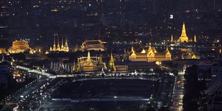 大皇宫，黎明寺和卧佛寺在曼谷市的夜晚，泰国。4K城市景观VDO