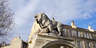 石狮雕塑，西班牙首都马德里最古老的街道。股票。欧洲城市中心的狮子雕像