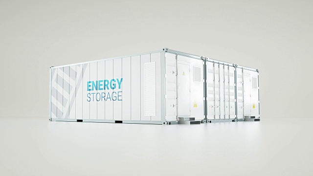 工业集装箱制造的大容量蓄电池储能设施。3 d渲染。
