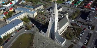 雷克雅未克Hallgrimskirkja教堂概述冰岛雷克雅未克现代建筑。空中视频。从上到下。空中无人机视频。令人惊叹的市中心视野飞行。