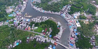 令人惊叹的海滨村庄与弯曲的河流和海洋背景，航拍视频