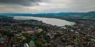 风暴天空白天时间苏黎世湖滨城市景观空中全景4k时间流逝瑞士