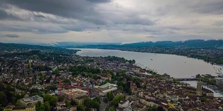 风暴天空白天时间苏黎世湖滨城市景观空中全景4k时间流逝瑞士