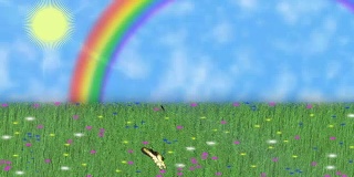夏天的本性。蝴蝶和飞蛾在草地和蓝天和阳光和彩虹的背景上旋转。
