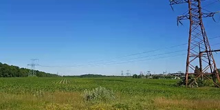 数英里的架空电力线通过高压电线形成了一个输电网。夏日的田野，阳光灿烂。