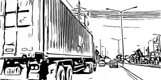 动漫卡通素描，交通上的道路