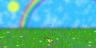 夏天的自然和打球。蝴蝶和飞蛾在草地和蓝天上飞舞，阳光灿烂，出现彩虹和飞球。