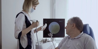 医生用耳鼻喉望远镜检查老人的鼻子