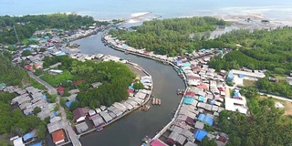 令人惊叹的海滨村庄与弯曲的河流和海洋背景，航拍视频