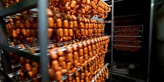 肉类和香肠加工厂的工业香肠生产过程。肉类加工设备。