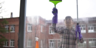 画的是一个快乐的年轻女子在家里擦窗户。