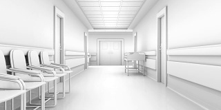 白色的医院走廊，访客，穿过大厅。