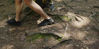 一个人的腿，沿着树根沿着山路走。替身拍摄