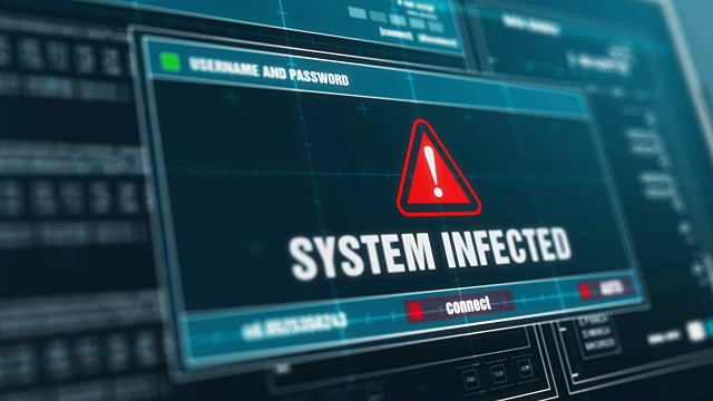 系统感染警报信息在屏幕上，计算机屏幕输入系统登录和密码登录进入显示进度授予系统安全警告信息。