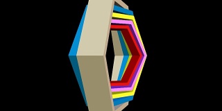 3d视频与六角形在不同的颜色，缩放和打开黑色背景。标志型抽象形状，可作为介绍、广告成分