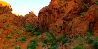鸟瞰图通过沙漠景观的红色岩石峡谷