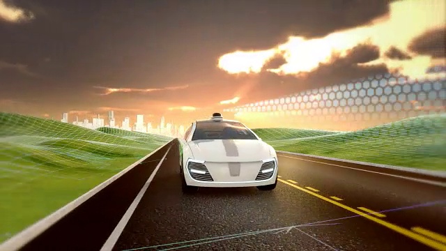 电动自动驾驶汽车在道路上行驶与激光雷达扫描信号