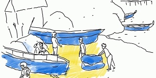 速度绘画素描海岸和渔民