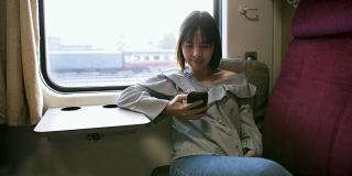 美丽的女人在火车上使用智能手机