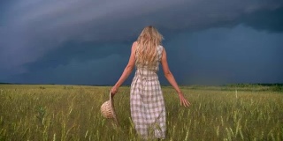年轻美丽的灵感女孩的剪影是走在田野的雨天，自由的概念