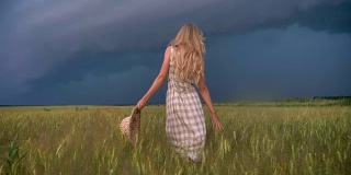 年轻美丽的灵感女孩是走在田野的雨天，自由的概念，底部的看法