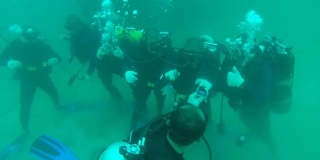 一群在水下学习水肺潜水课程的潜水员